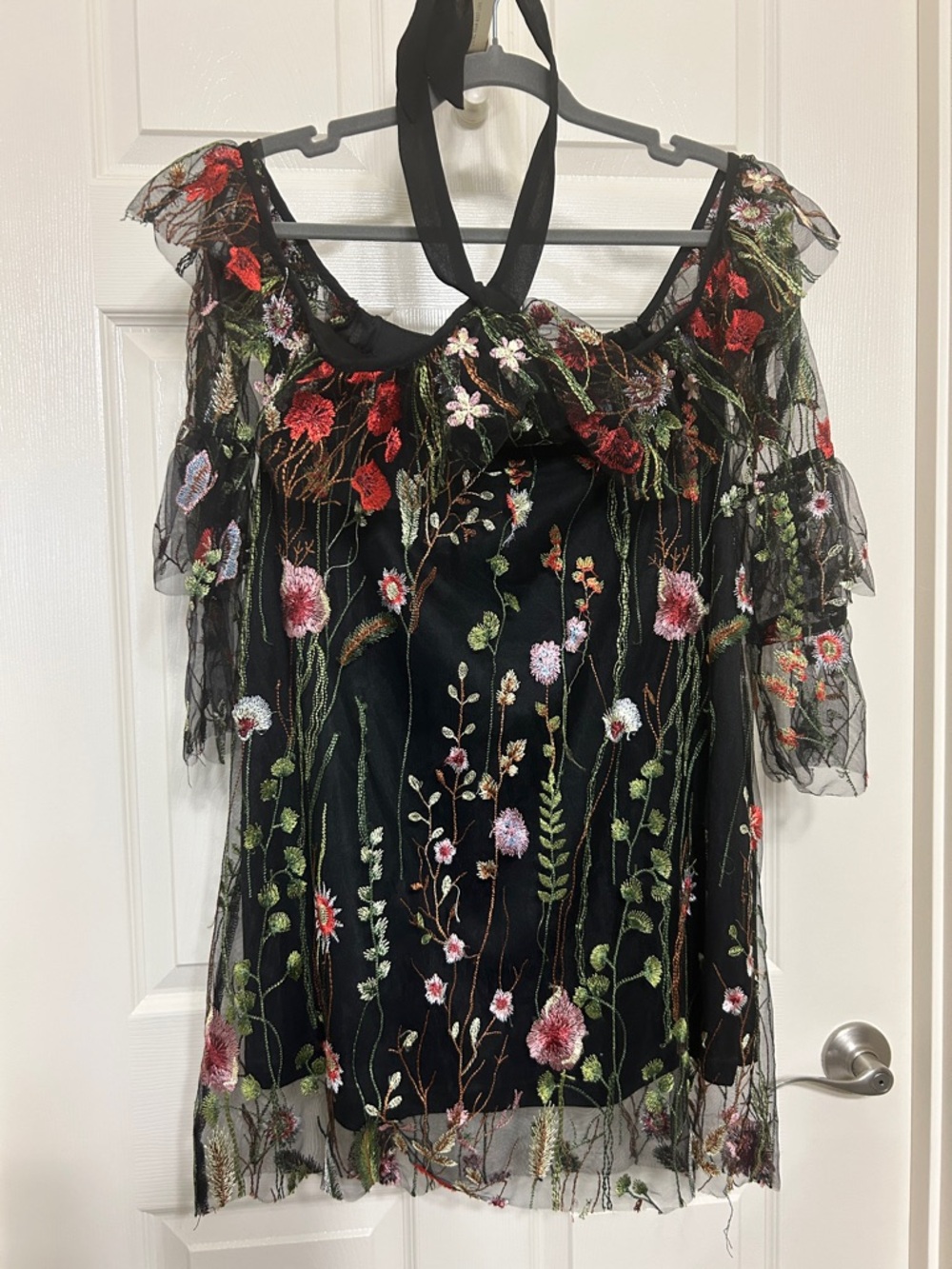 PrettyLittleThing Black Floral Embroidered Mesh Halter Top
